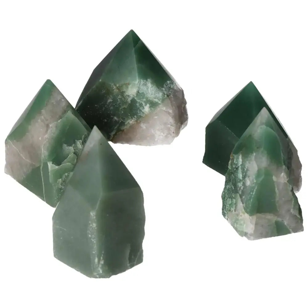 Polished Point Green Quartz Bi-Color crystals from Sylvia Crystals, showcasing vibrant hues and a smooth, lustrous finish.