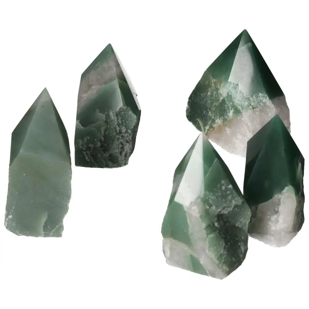 Polished Point Green Quartz Bi-Color L crystals from Sylvia Crystals, showcasing vibrant hues and smooth, lustrous finishes.