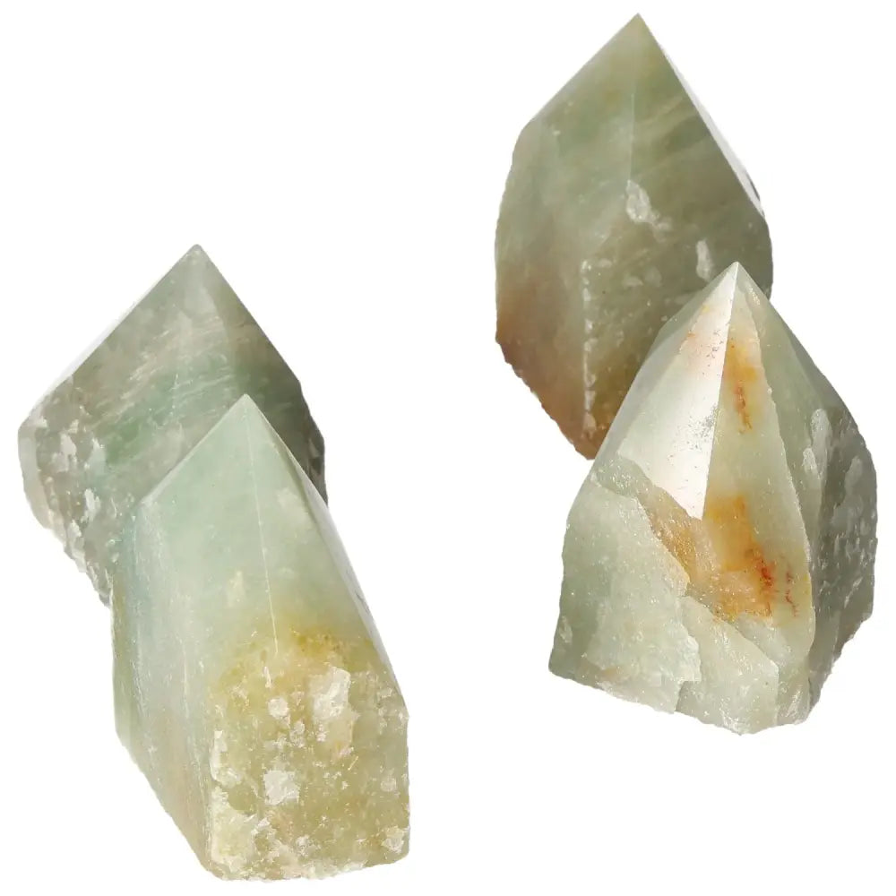 Polished Point Green Quartz with Hematite medium pieces from Sylvia Crystals, showcasing unique synergy of tranquility and grounding energy.