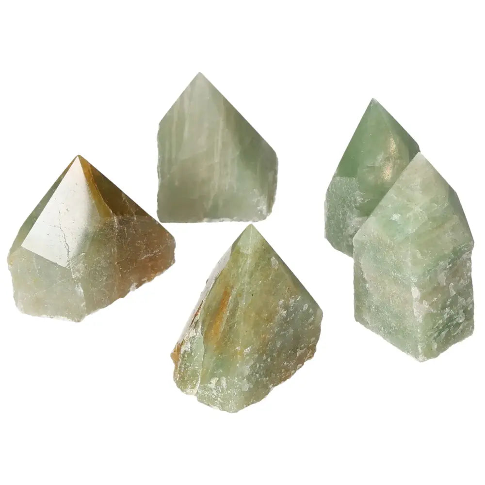 Polished Point Green Quartz with Hematite S from Sylvia Crystals, showcasing a blend of soothing green quartz and grounding hematite.