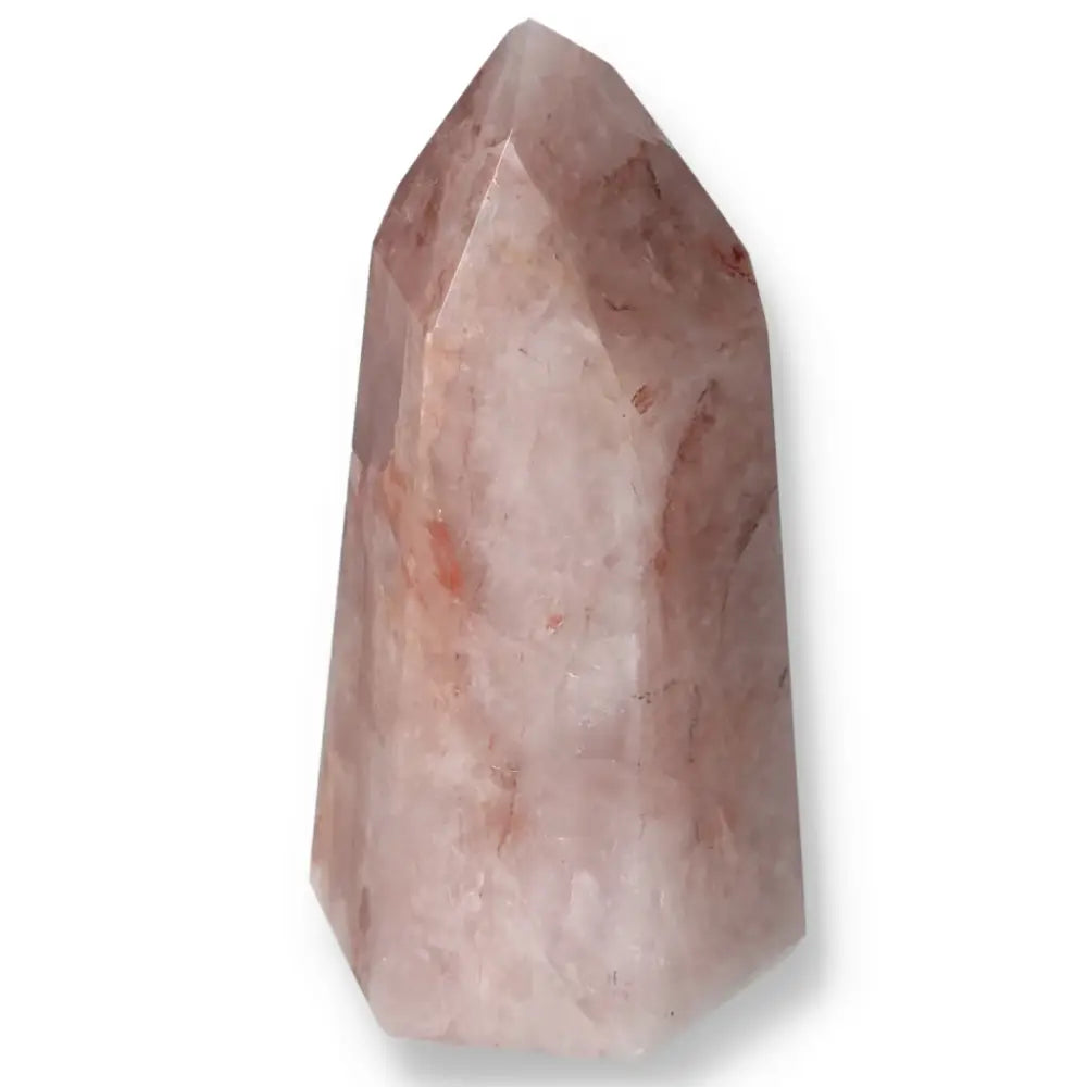 Polished Point Hematoide crystal with red and golden hues showcasing elegant craftsmanship.
