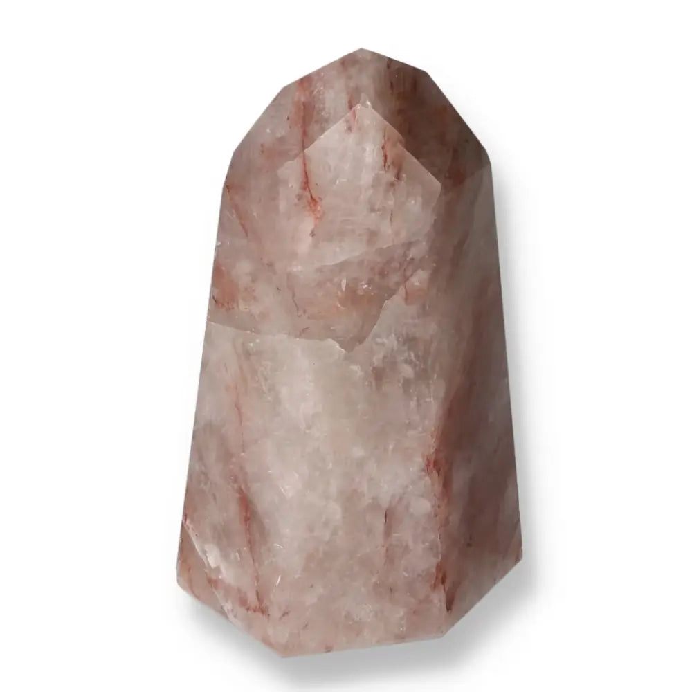 Polished Point Hematoide crystal from Sylvia Crystals, showcasing its unique design and calming energy, on a white background.