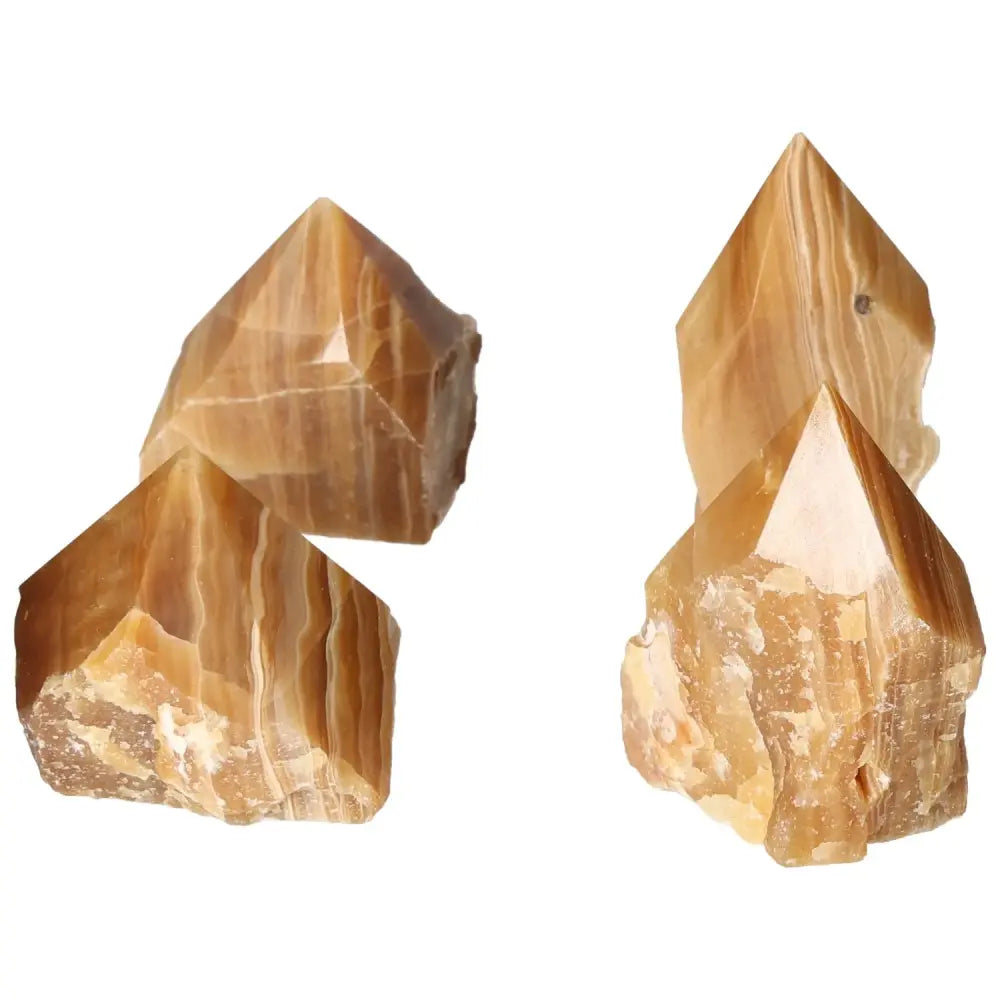 Polished Point Honey Calcite crystals radiating golden warmth, known for vibrant energy, promoting prosperity, abundance, and success.