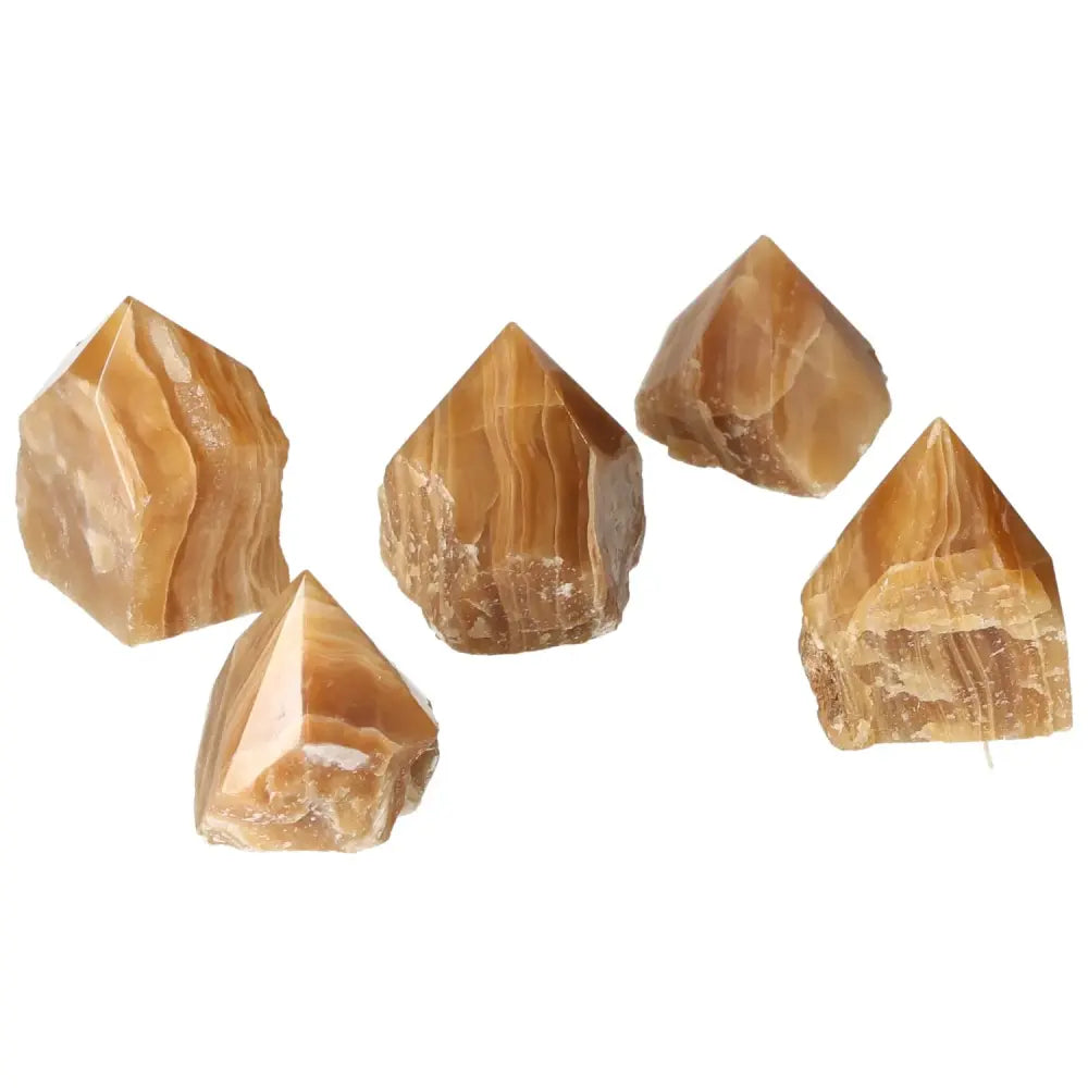 Polished Honey Calcite crystals in pyramid shape, symbolizing prosperity and abundance.