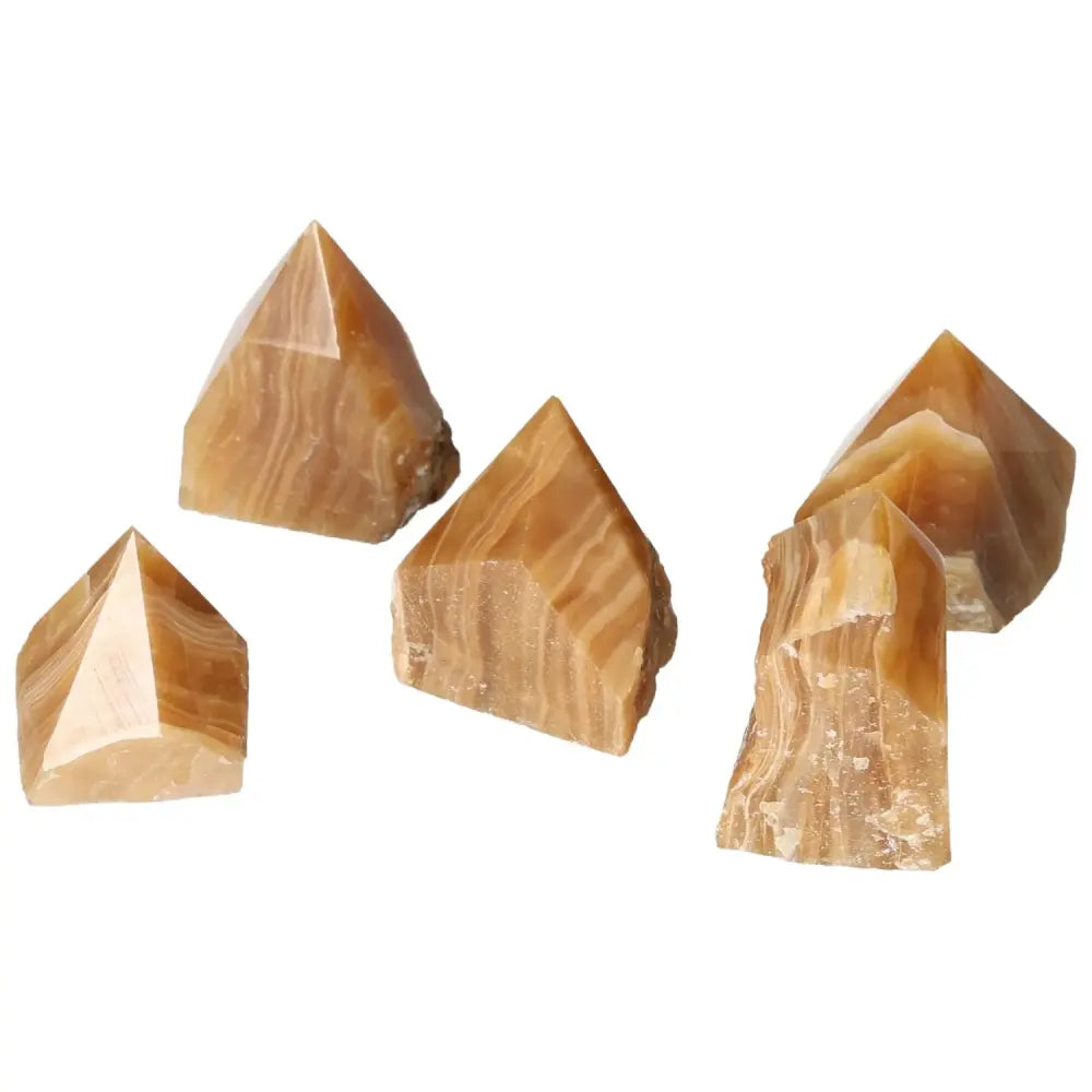 Polished Point Honey Calcite Crystals symbolizing prosperity and abundance with a rich honey-like appearance.