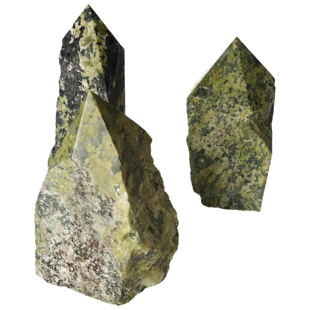 Polished Point Jadeite L gemstones by Sylvia Crystals, symbolizing elegance and prosperity, shown in three distinct formations.