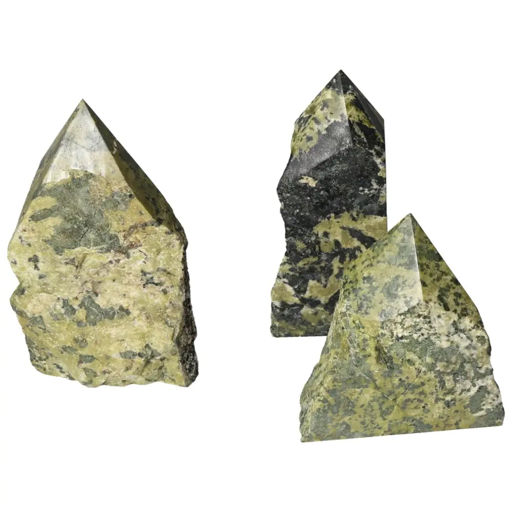 Polished Point Jadeite L gemstones by Sylvia Crystals, showcasing green hues and sleek finishes, symbolizing elegance and prosperity.