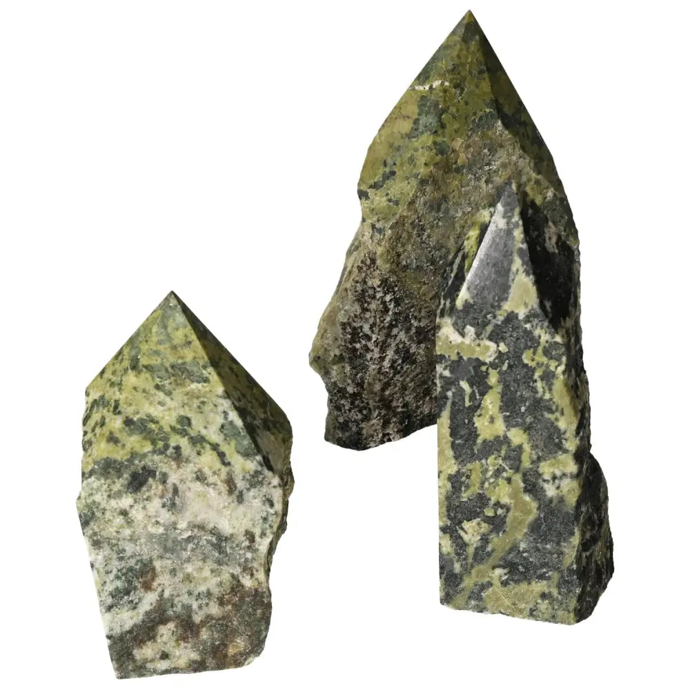 Set of three polished point jadeite L gemstones by Sylvia Crystals, showcasing green hues and elegant designs for prosperity and balance.