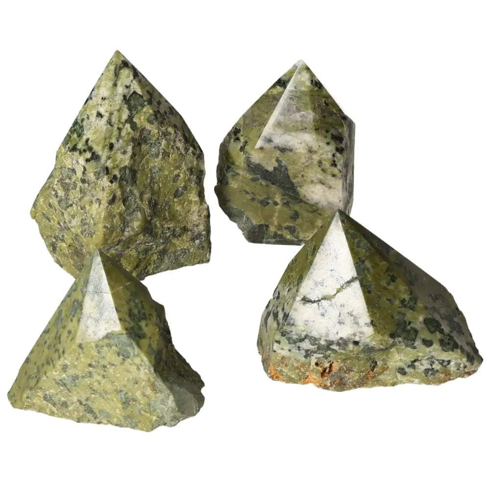 Polished Point Jadeite M gemstone pyramids showcasing luxury and elegance, from Sylvia Crystals collection.