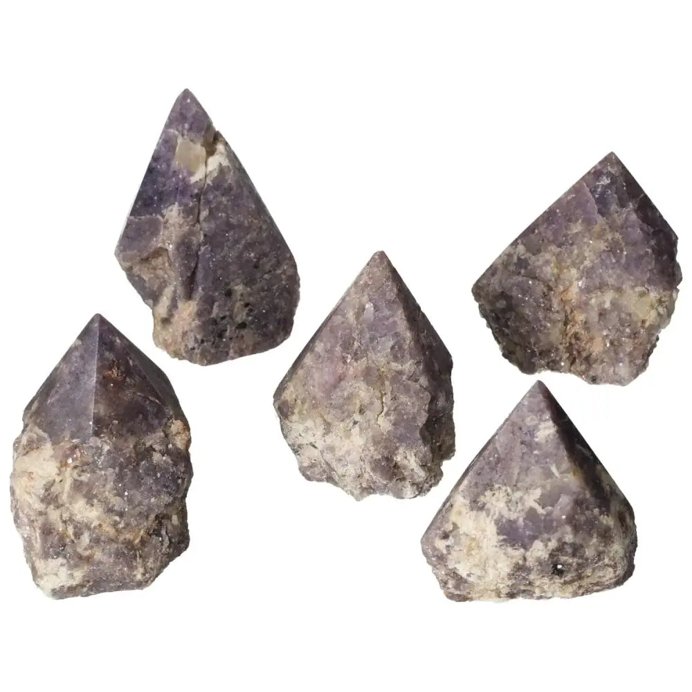 Set of five polished Lepidolite crystal points from Sylvia Crystals, known for promoting serenity and emotional balance.