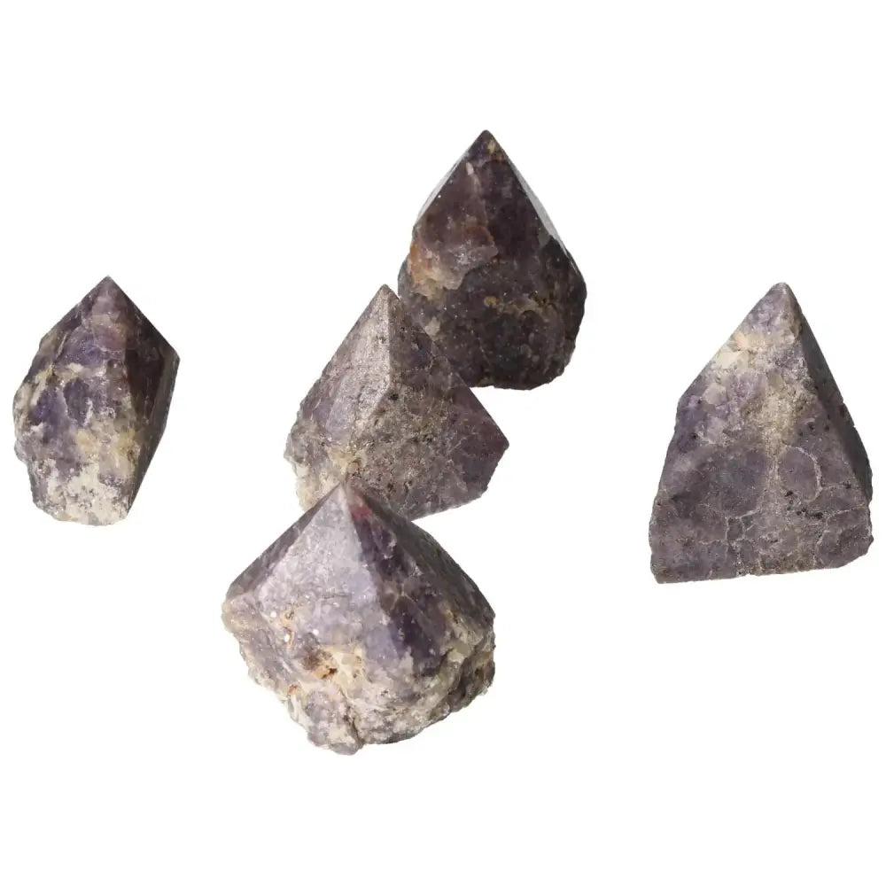 Five polished point Lepidolite crystals from Sylvia Crystals, known for soothing anxiety and enhancing emotional balance.