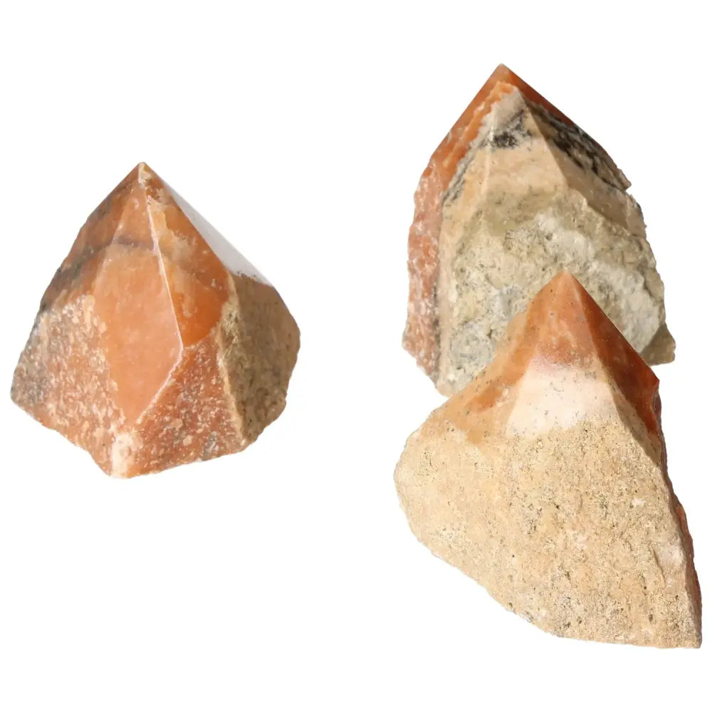 Polished Point Orange Calcite Bi-Color L crystals from Sylvia Crystals, featuring vibrant orange hues and unique bi-color design.