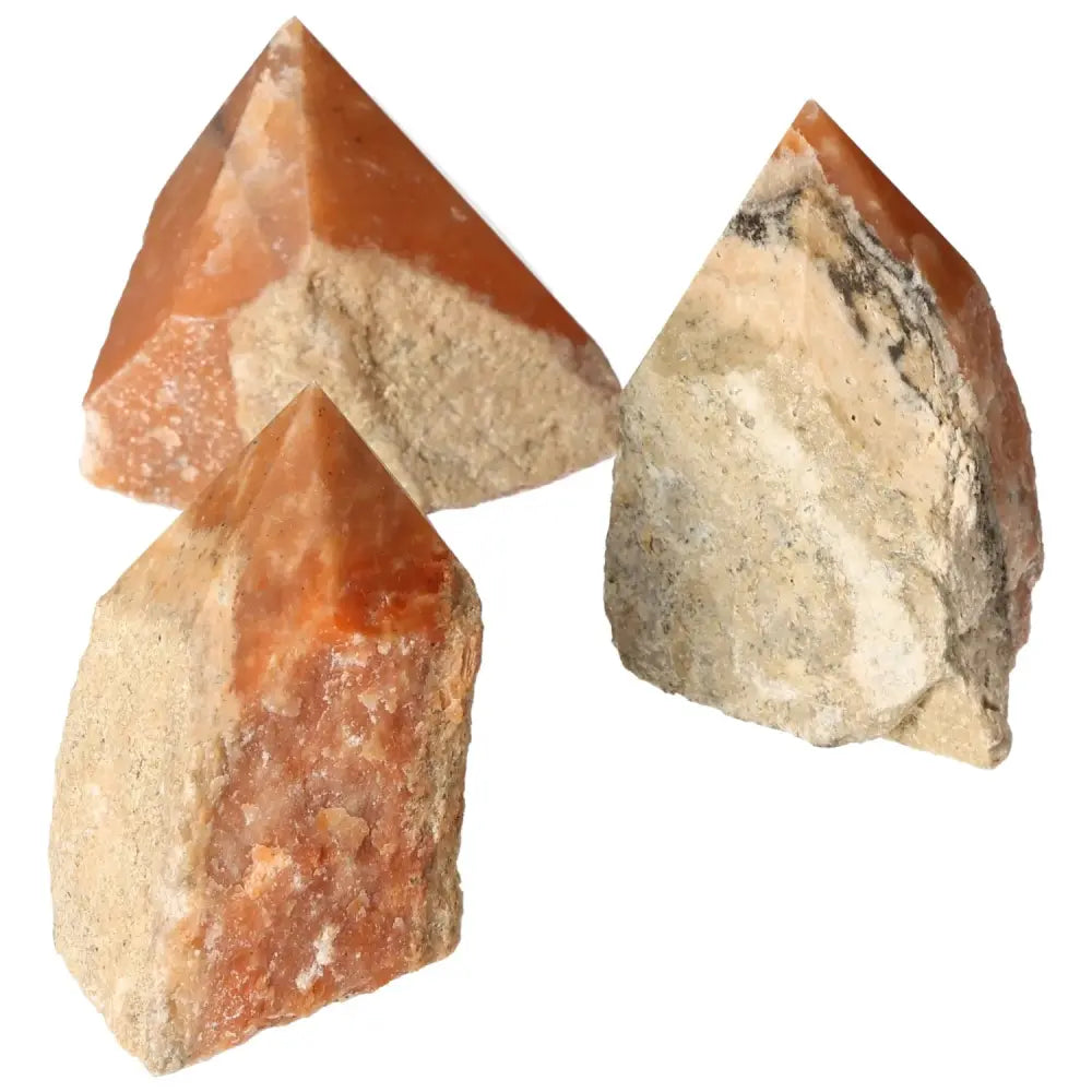 Polished Point Orange Calcite Bi-Color L crystals from Sylvia Crystals, showcasing vibrant hues and unique designs.