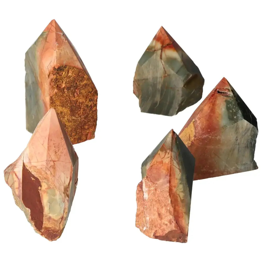 Polished Point Polychrome Jasper L crystals with vibrant colors showcasing unique banding, enhancing spiritual energy and elegance.