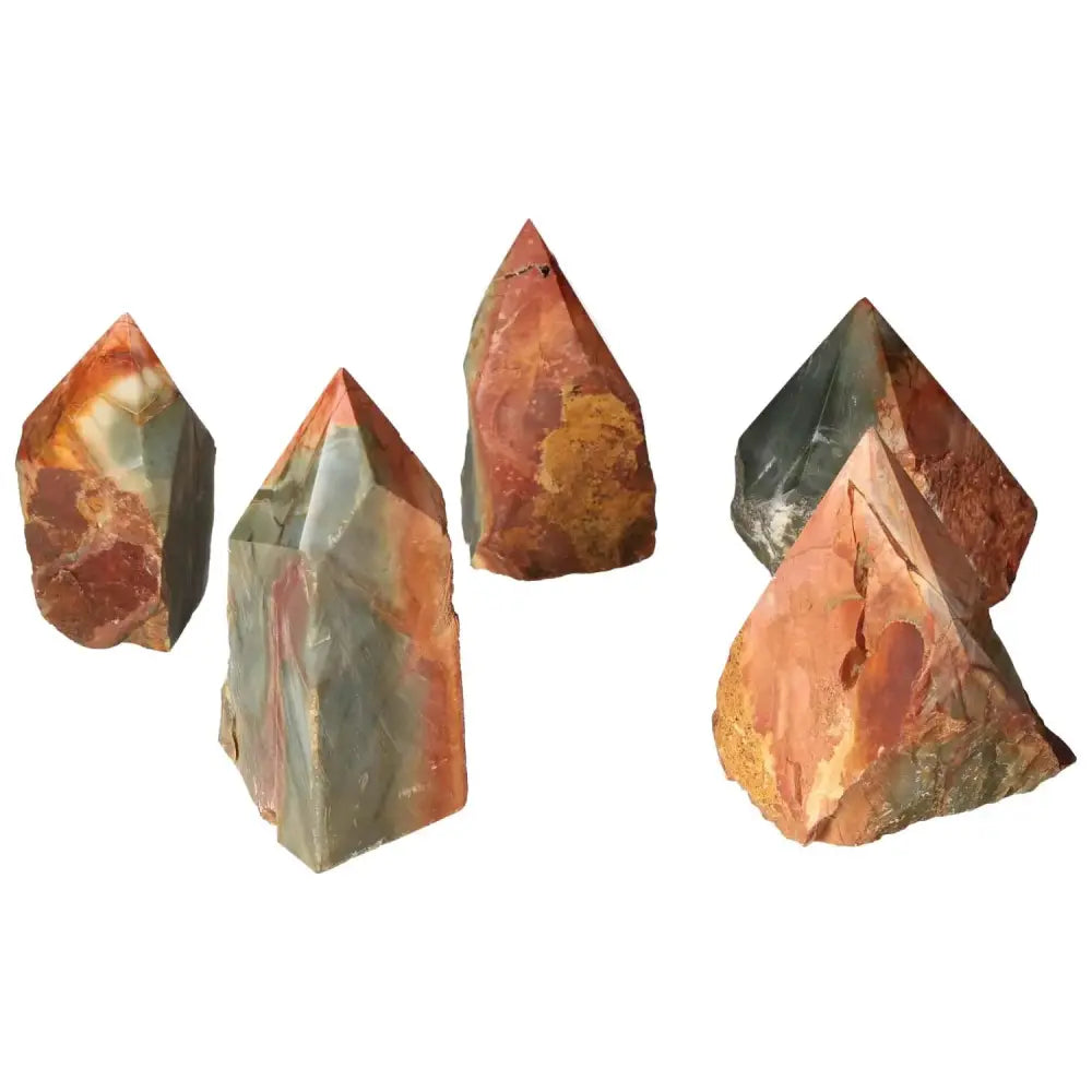 Polished Point Polychrome Jasper L - vibrant desert jasper crystals showcasing red, orange, brown, green, and yellow hues.