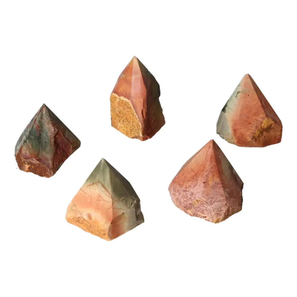 Polished Point Polychrome Jasper S crystals showcasing vibrant red, orange, and green hues from Sylvia Crystals collection.