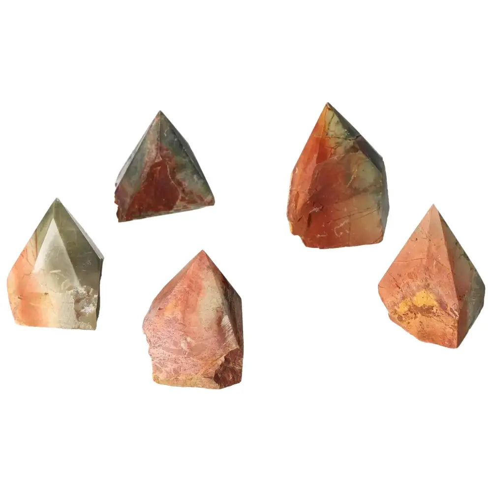 Polished Point Polychrome Jasper S crystals with vibrant reds, oranges, and greens, showcasing natural beauty and spiritual enrichment.
