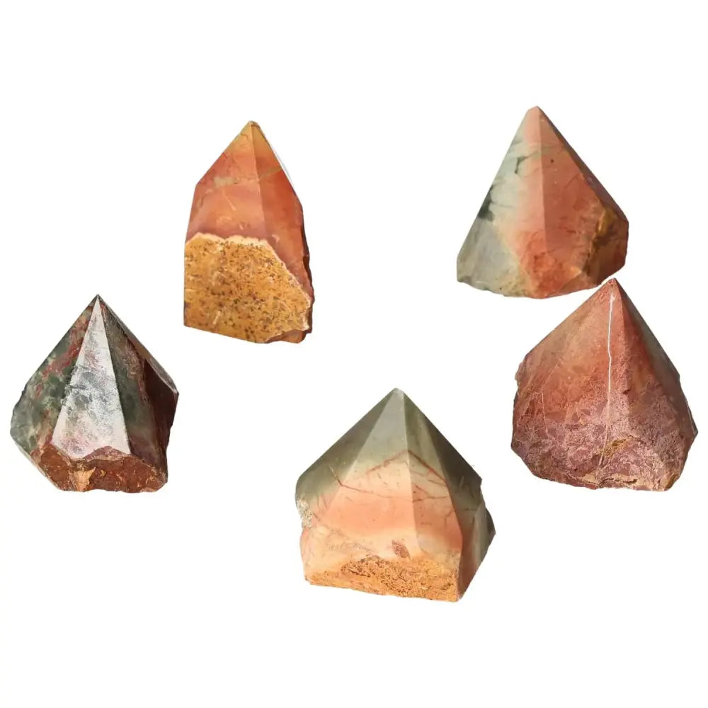 Polished Point Polychrome Jasper S crystals showcasing vibrant colors from Sylvia Crystals, known for natural beauty and spiritual enrichment.