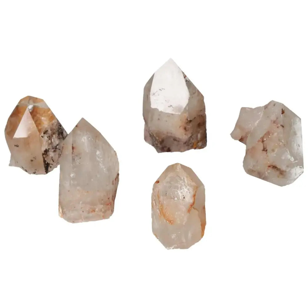 Polished Point Quartz with Hematite S from Sylvia Crystals displayed elegantly, showcasing its natural beauty and metaphysical properties.