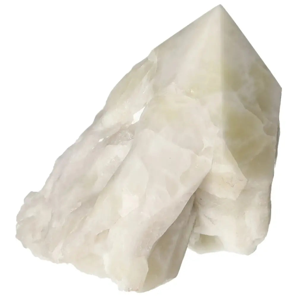 Polished Point Quartz with Sulphur crystal from Sylvia Crystals, showcasing clarity and vibrant sulphur hues.