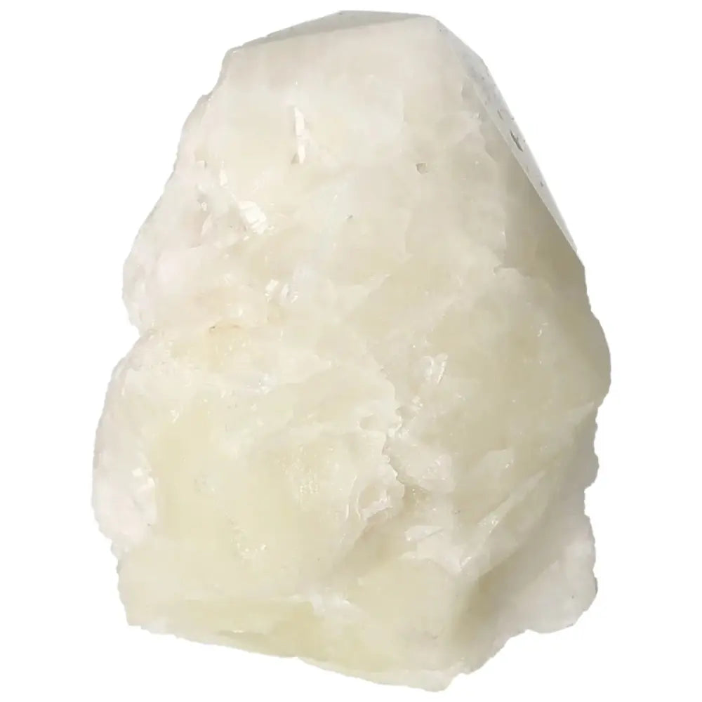 Natural white quartz crystal with polished finish showcasing intricate texture and smooth edges.
