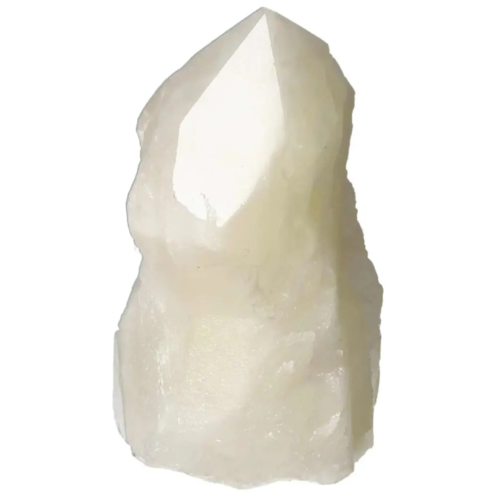 Polished Point Quartz with Sulphur crystal featuring a blend of clear quartz and vibrant sulphur inclusions, Sylvia Crystals product.