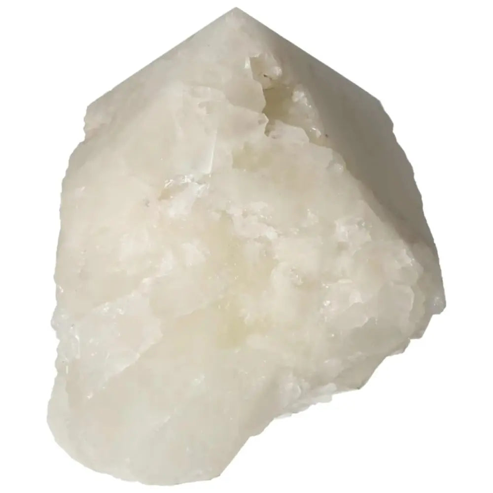 Polished Point Quartz with Sulphur crystal from Sylvia Crystals, showcasing clarity and energy potential in a unique gemstone.