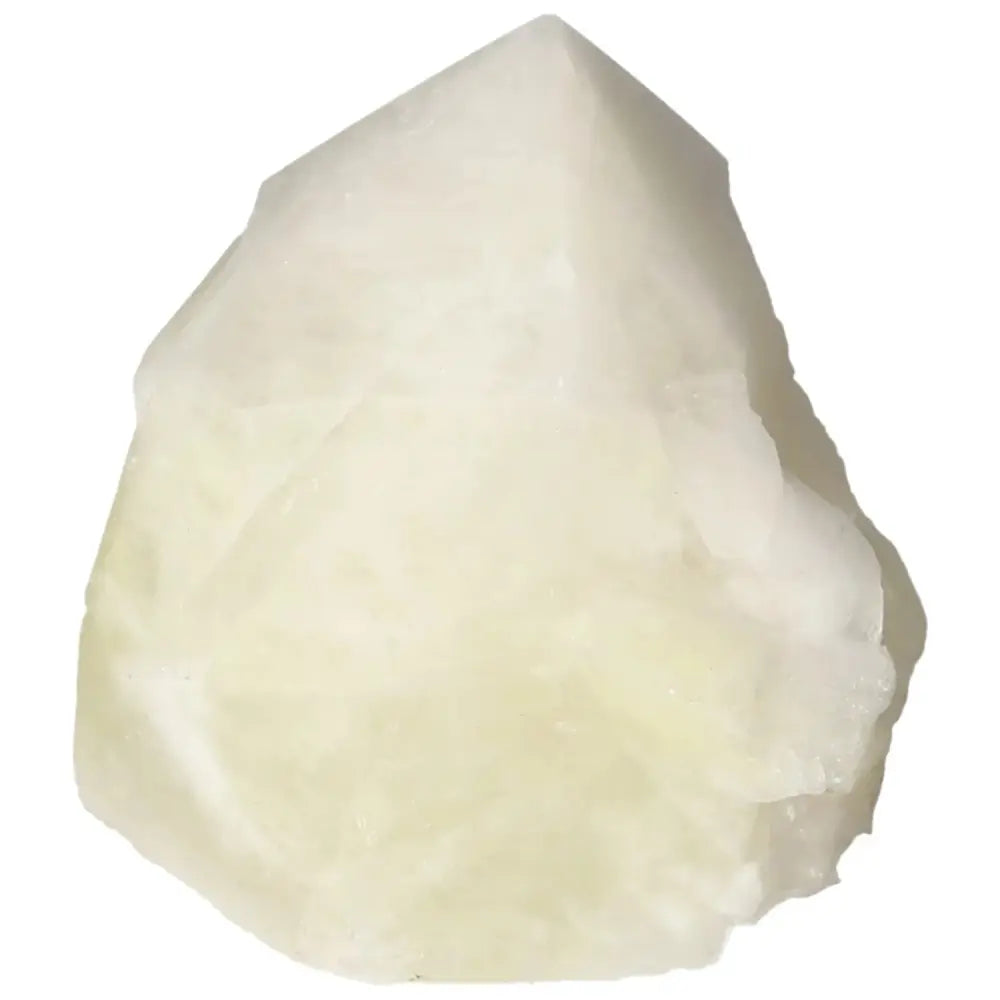 Polished Point Quartz With Sulphur crystal exhibiting a luminous blend of clear quartz and vibrant sulphur, by Sylvia Crystals.