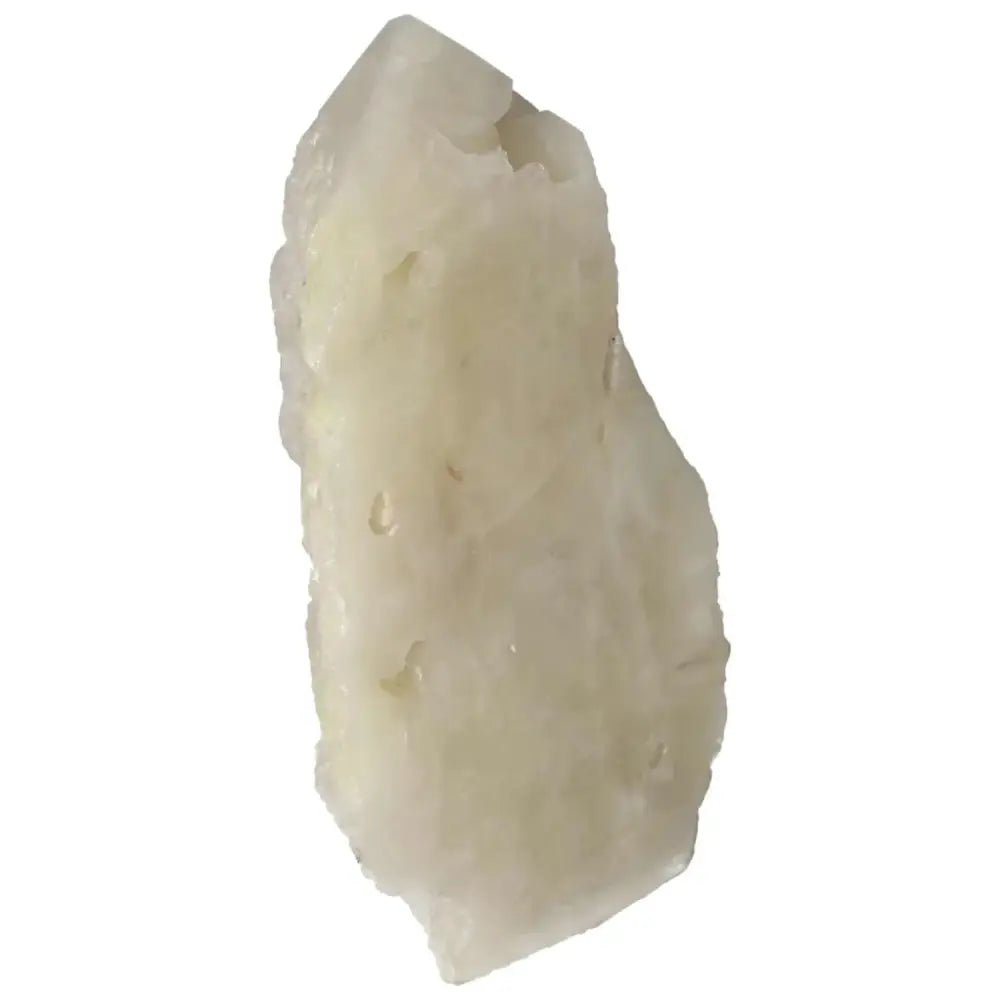 Close-up of a polished point quartz with sulphur, showcasing its translucent texture and vibrant hue.
