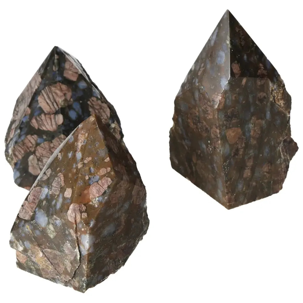 Polished Point Rhyolite L by Sylvia Crystals, featuring unique patterns and mesmerizing hues of pink, green, brown, and gray.