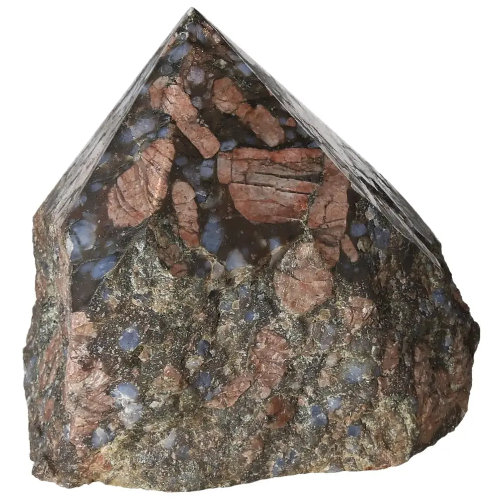 Polished Point Rhyolite with vibrant pink, green, brown, and gray hues, showcasing intricate patterns and natural speckles.
