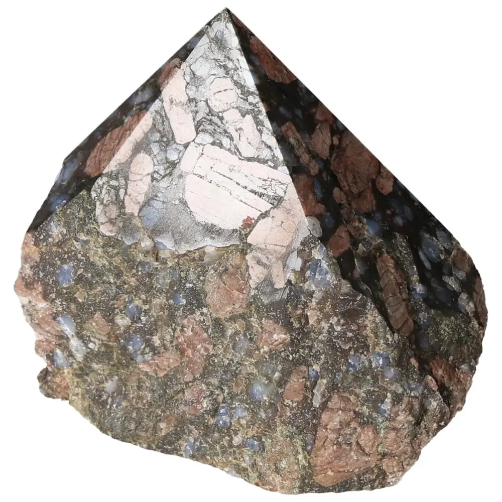 Polished Point Rhyolite with vibrant patterns and hues of pink, green, brown, and gray from Sylvia Crystals.