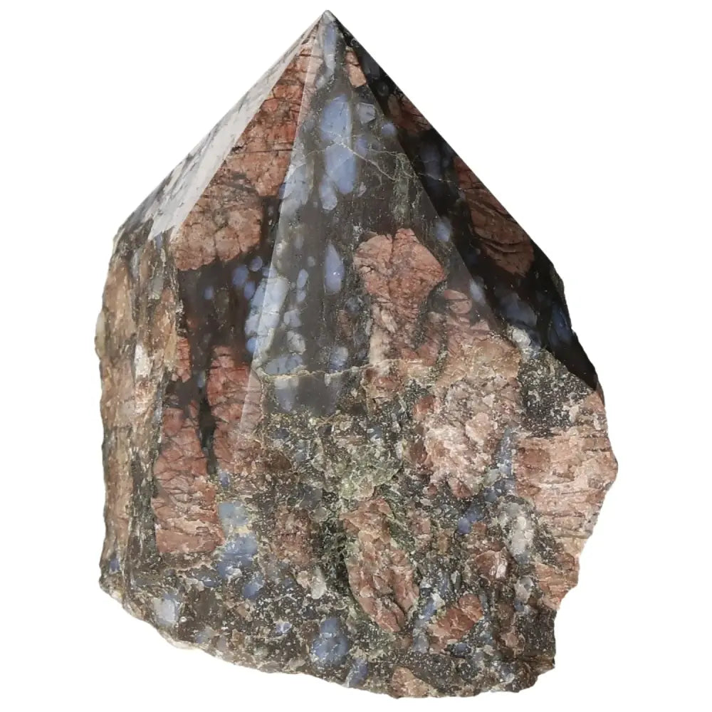 Polished Point Rhyolite with vibrant pink, green, brown, and gray patterns, from Sylvia Crystals, enhancing spiritual transformation.