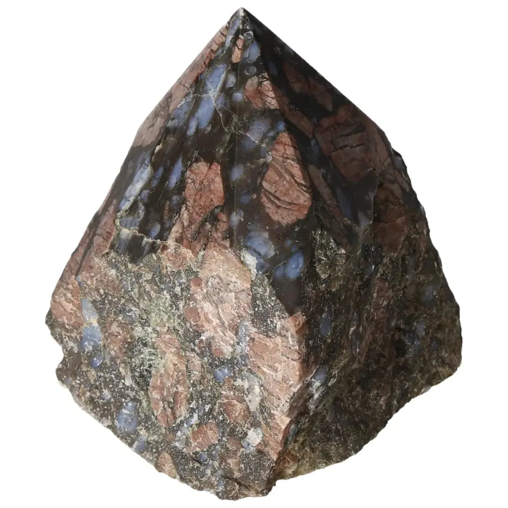 Polished Point Rhyolite crystal with intricate patterns of pink, green, brown, and gray. Premium Sylvia Crystals product.