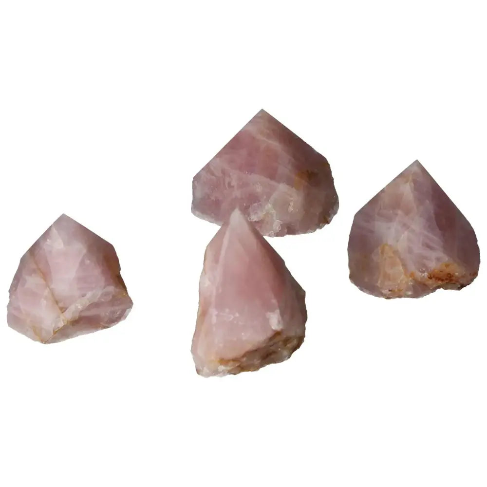 Polished Point Rose Quartz L stones showcasing pink hues, ideal for fostering love and enhancing relationships. Sylvia Crystals product.