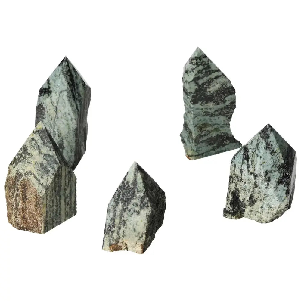 Polished Point Snake Jasper M crystals from Sylvia Crystals, showcasing unique patterns for spiritual enhancement and luxury design.