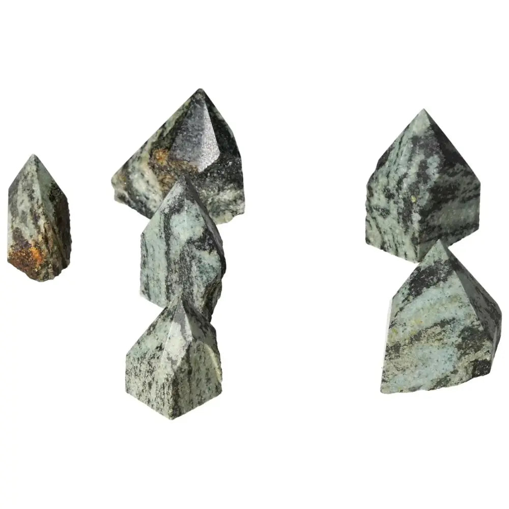 Polished Point Snake Jasper stones showcasing unique patterns, reflecting luxury and spiritual grounding properties from Sylvia Crystals.