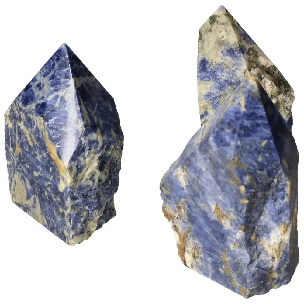 Polished Point Sodalite L gemstone by Sylvia Crystals, showcasing natural blue patterns for creativity and clarity.