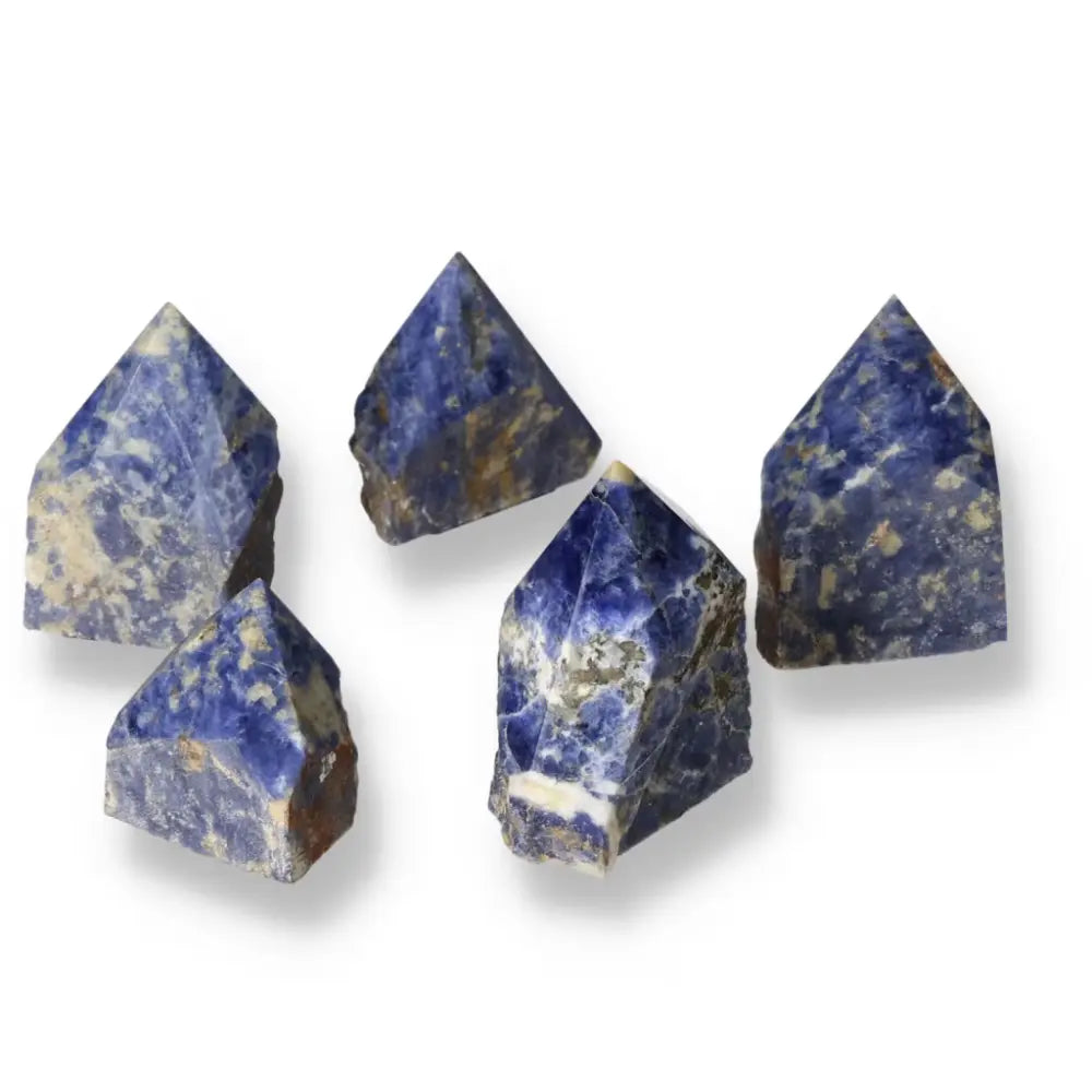 Polished Point Sodalite S crystals with deep blue hues, enhancing mental clarity and creativity, from Sylvia Crystals.