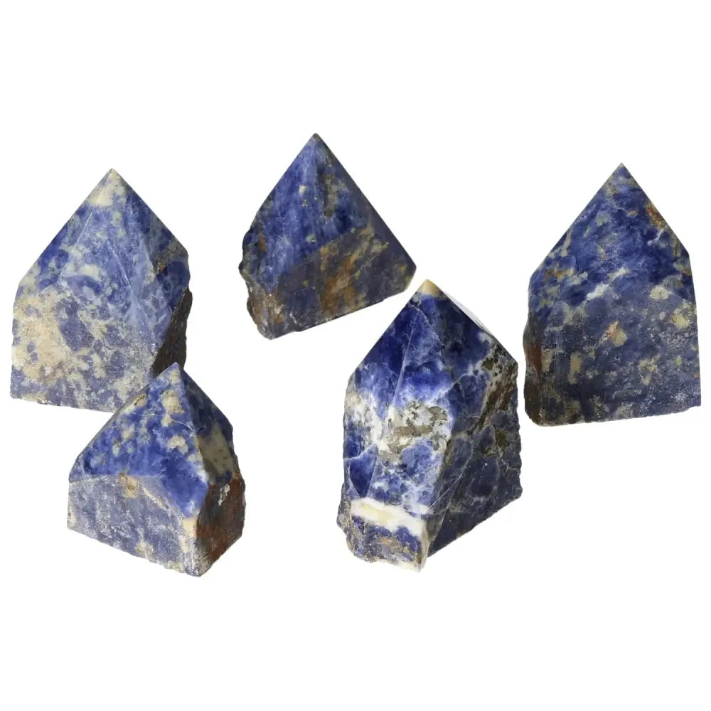 Polished Point Sodalite S crystals from Sylvia Crystals, blue stones enhancing mental clarity and creativity.