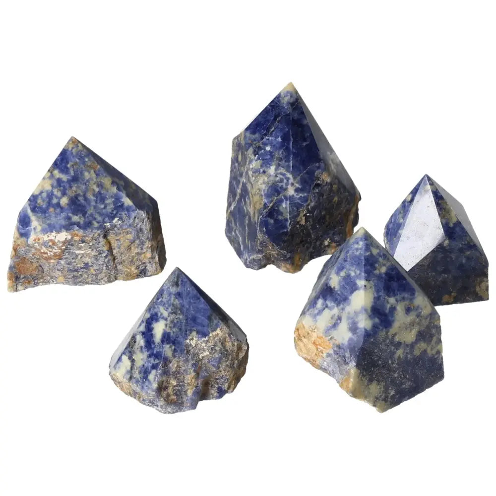 Polished Point Sodalite S crystals with deep blue hues enhancing mental clarity and creativity, premium quality from Sylvia Crystals.