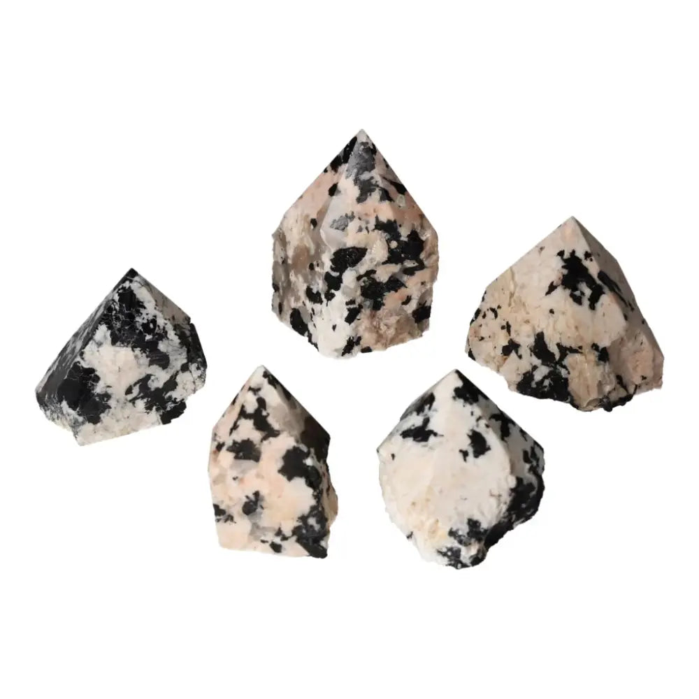 Five polished point tourmaline crystals with feldspar, featuring striking black and white patterns, epitome of luxury and elegance.