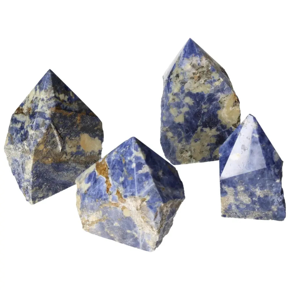 Polished Point sodalite crystals from Sylvia Crystals, known for enhancing creativity and clear thinking, perfect for personal growth.