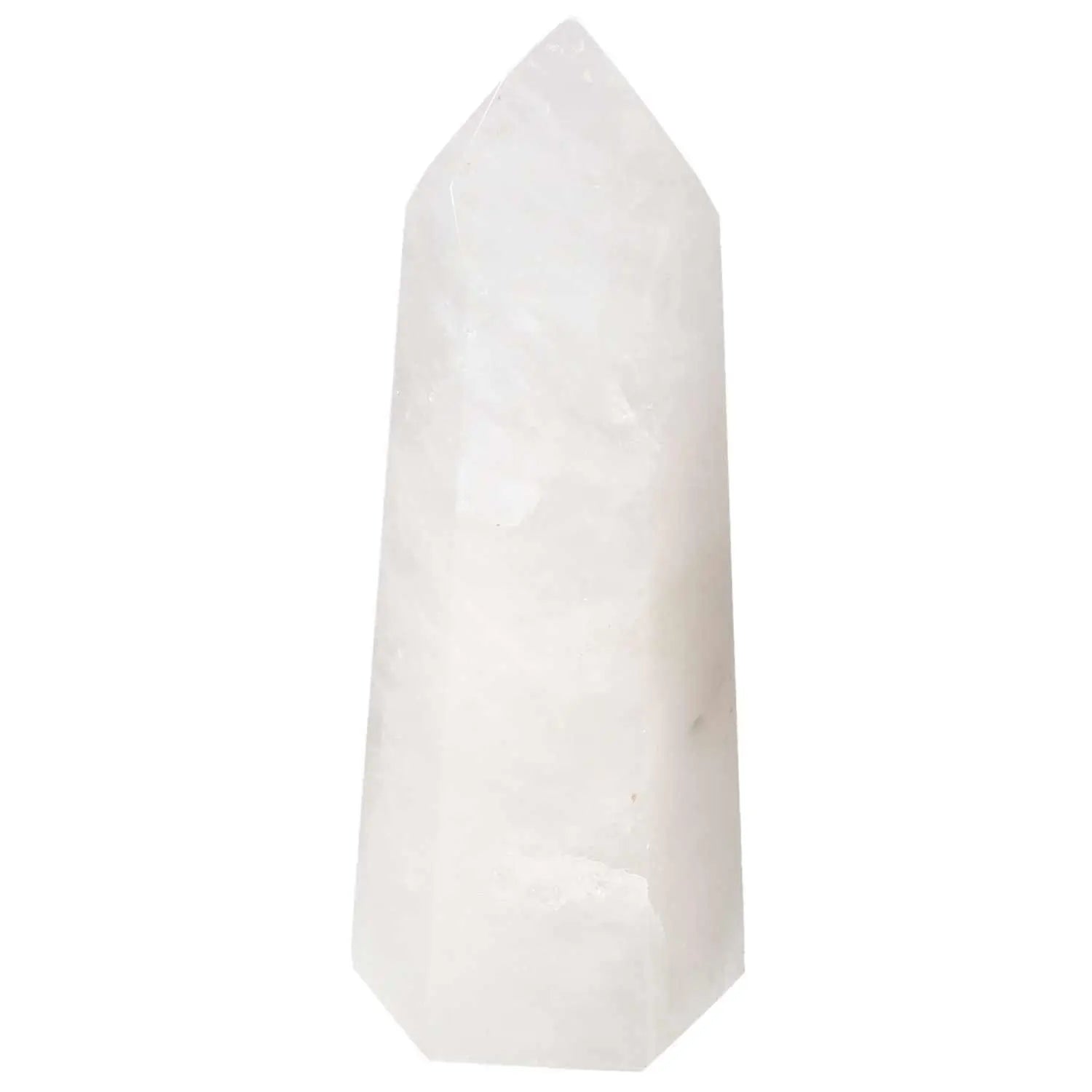 Polished Quartz Milky Obelisk by Sylvia Crystals, known for enhancing spiritual energy and luxury, perfect for purification.