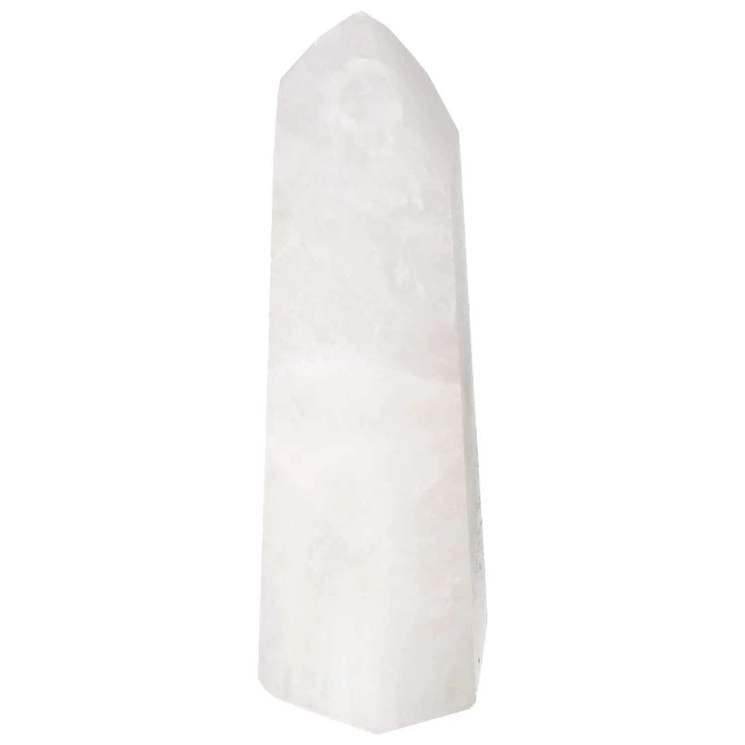 Polished Quartz Milky Obelisk from Sylvia Crystals, known for purity and energy amplification, ideal for luxury and spiritual enhancement.