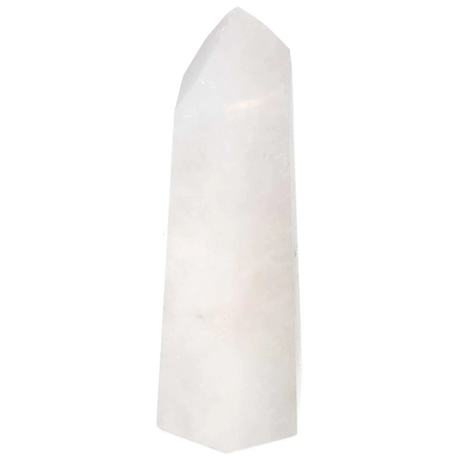 Polished Quartz Milky Obelisk from Sylvia Crystals, known for energy purification and amplification; luxury crystal product.