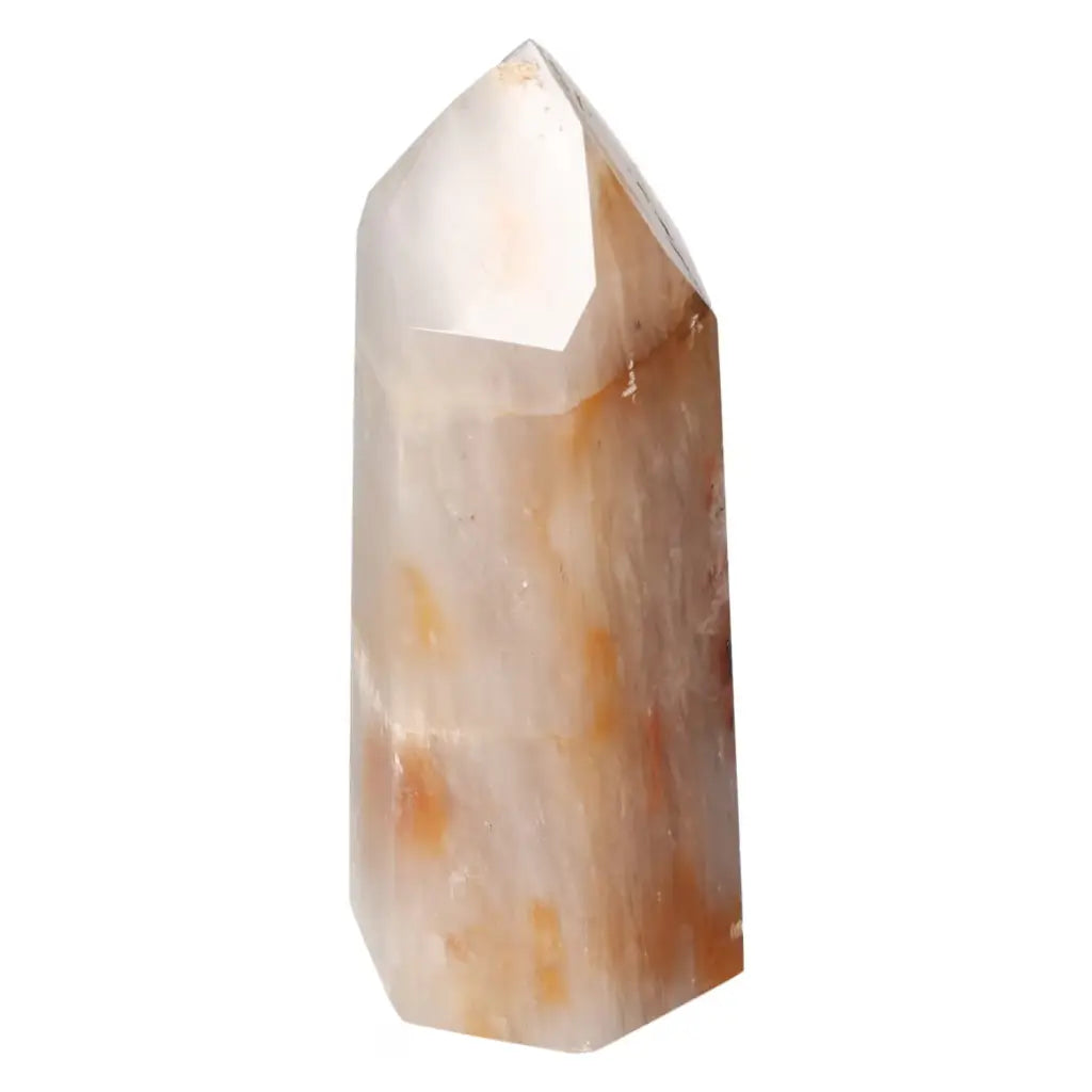 Polished Quartz Tangerine Obelisk with vibrant hues exuding luxury and spirituality, from Sylvia Crystals' exclusive collection.