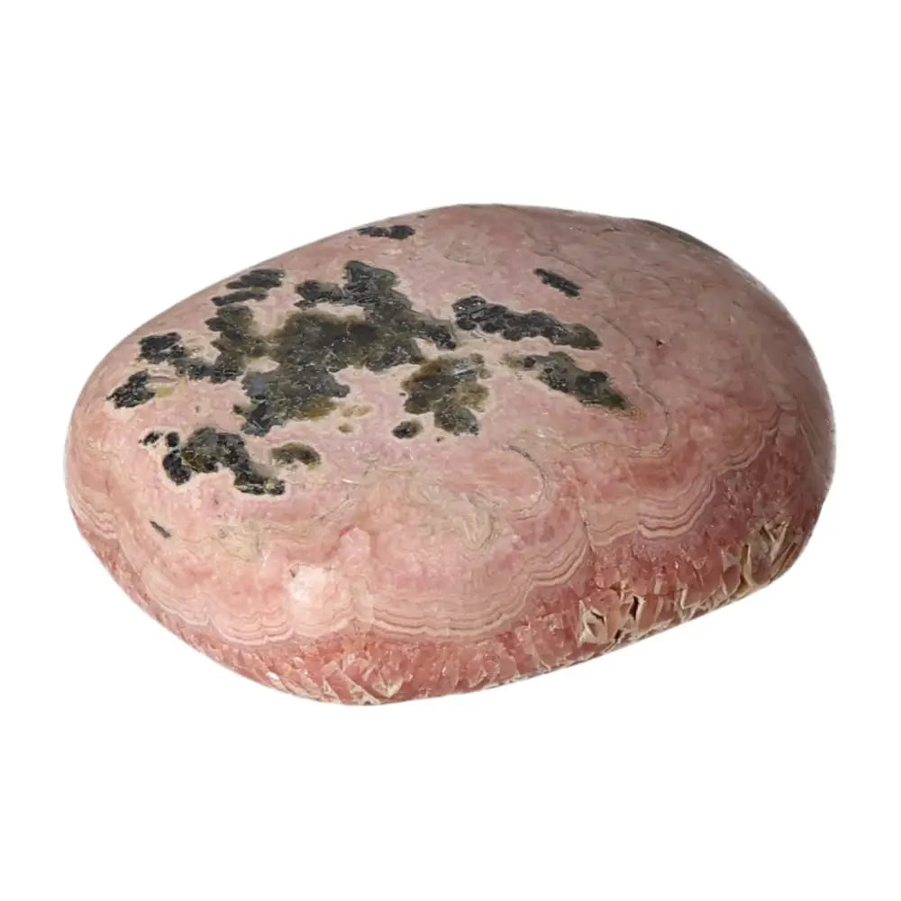Polished Rhodochrosite gemstone displaying vibrant pink hues and intricate patterns, ideal for collections and emotional healing. Sylvia Crystals.