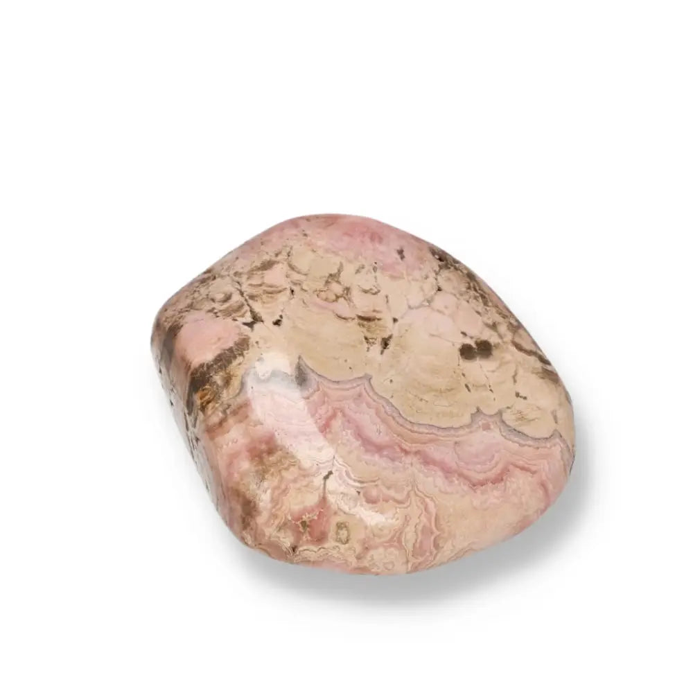 Polished Rhodochrosite stone from Sylvia Crystals with pink hues and intricate banding, known as the Stone of Love & Compassion.