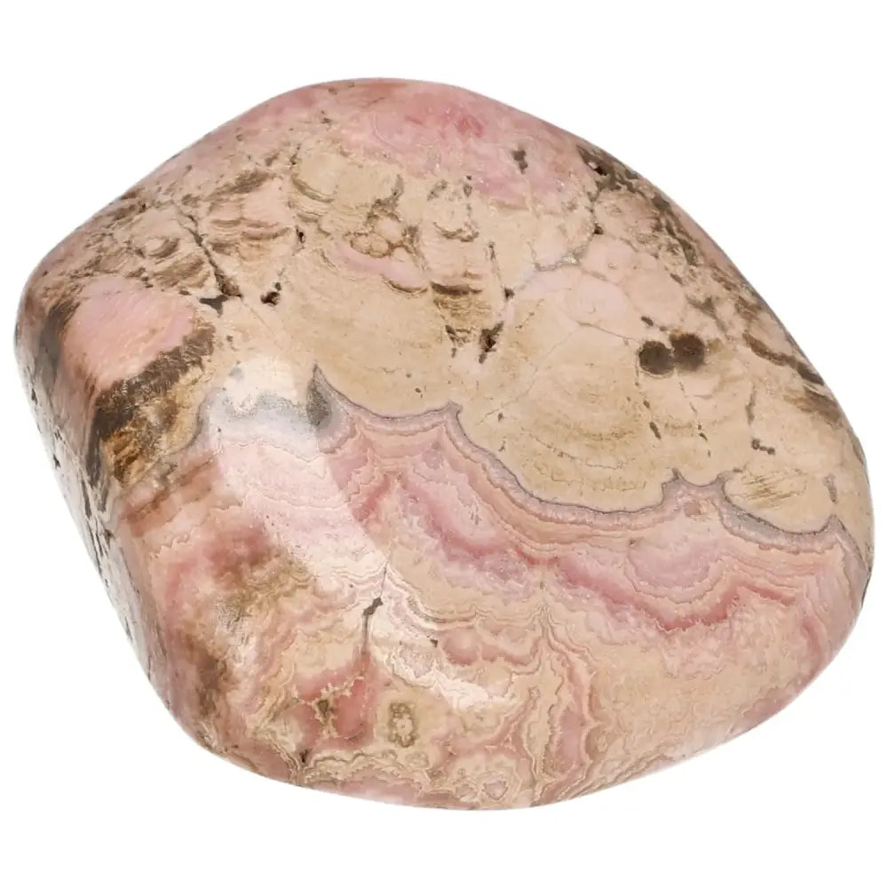 Polished Rhodochrosite gemstone with vibrant pink hues and intricate banding, symbolizing love and compassion.